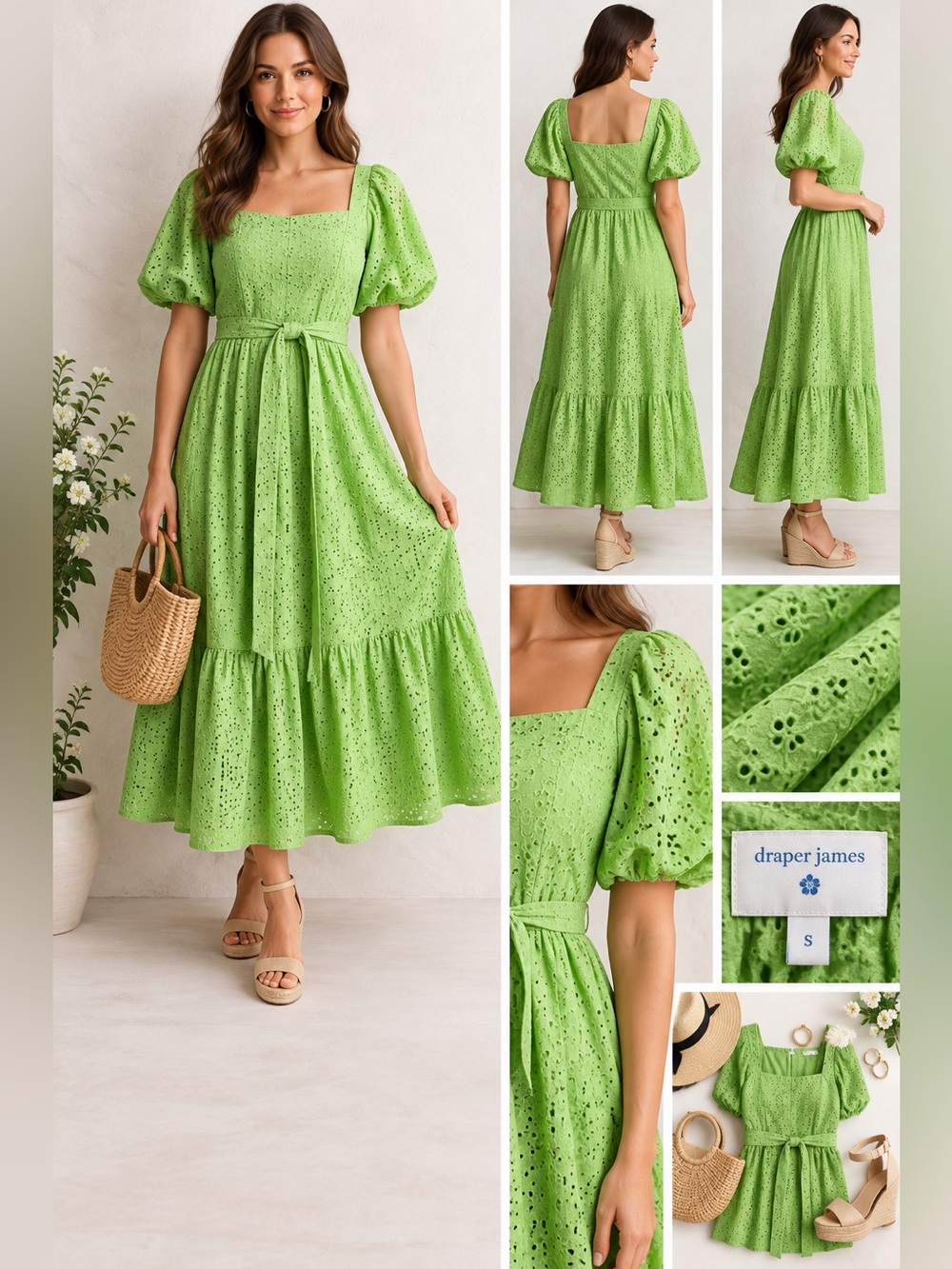 Draper James Lime Green Eyelet Square-Neck Maxi Dress